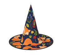 VCzsdff Simpatico cappello da strega in tessuto Oxford con stampa floreale di volpe animale per feste di Halloween, cappello da strega leggero alto 33 cm