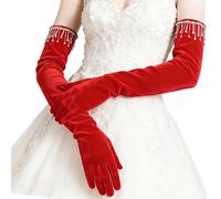Vdaxvme Guanti da ballo in velluto con decorazioni con strass per abiti da sera da donna e matrimoni, garantiscono calore e vestibilità comoda guanti da sposa, Rosso, Taglia unica
