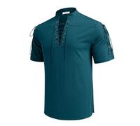VDDTAGAM Camicia in lino da uomo a maniche corte medievali, camicia estiva da uomo a maniche corte da uomo medievale, camicia con lacci rinascimentale vittoriano steampunk pirata camicia da uomo,