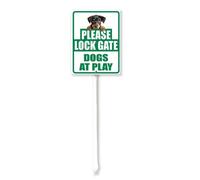 Vdenvileye Cartello da cortile con paletto, in alluminio, antiruggine, con scritta "Please Lock Gate Dogs At Play", 11,5 x 15 cm, per esterni, strada, giardino