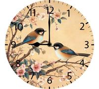 Vdenvileye Orologio da parete in legno, stile rustico, silenzioso, senza ticchettio, 25,4 cm, con due uccellini e fiori, orologio rotondo a batteria, per soggiorno, cucina, camera da letto, bagno