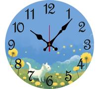 Vdenvileye Orologio da parete per camera da letto, 25,4 cm, silenzioso, senza ticchettio, in legno, con gatto che strizza l'occhio tra i denti di leone, orologi decorativi per soggiorno e camera dei