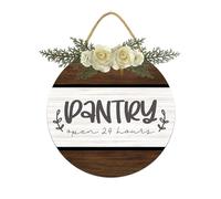 Vdenvileye Pantry Open 24 Hours Door Sign Home Decor Round Wood Wreaths Wall Hanging Sign Farmhouse Portico Signs Front Door Decoration for Housewarming Gift All Seasons Holiday, 27,9 cm