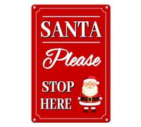Vdenvileye Targa in alluminio con Babbo Natale e scritta in inglese "Please Stop Here", con pupazzo di neve, decorazione da parete, per interni ed esterni, 14 x 20 cm