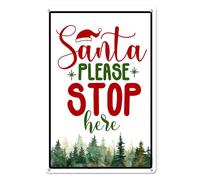 Vdenvileye Targa in alluminio con Babbo Natale e scritta in inglese "Please Stop Here", con pupazzo di neve, decorazione da parete, per interni ed esterni, 14 x 20 cm