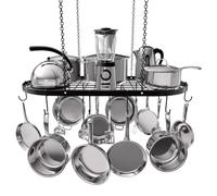 Vdomus Portavaso da appendere resistente, 83 x 43 cm, elegante contenitore da soffitto in lega di acciaio nero con 15 ganci, per organizzare pentole e utensili da cucina - Supporto salvaspazio montato