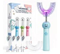 VEANXIN Spazzolino elettrico per bambini a forma di U con 6 testine, pulizia automatica a 360°, 3 modalità, impermeabile IPX7, design carino, età 6-12 (blu)