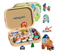 Vebolary Città da assemblare, 50 Pezzi, Pompieri, Polizia, Ospedale, Museo, Treni e Auto, Legno, Giocattolo per bambini, bambini, 3 anni, 4 anni, Sviluppo cognitivo, Legno