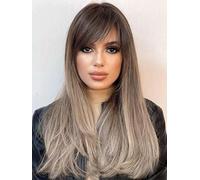 VEBONNY Parrucca Ombre con frangia, marrone Ombre argento biondo cenere parrucca per donne senza colla, parrucca afro lunga 55,9 cm VEBONNY-159