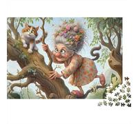 Vecchia che si arrampica su un albero, puzzle da 1000 pezzi, nonna che salva un gattino da un albero, gioco educativo per adulti, decorazione per la casa, sfida ad alta, 52x38cm