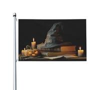 Vecchio cappello da strega su libri, candele, bandiere per la casa del cortile, 3 x 1,5 m, striscione di auguri con occhielli per interni ed esterni, decorazioni per la casa