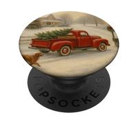 vecchio, vendemmia, rosso, camion, e, albero, buon Natale PopSockets PopGrip Adesivo