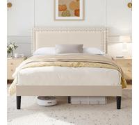 VECELO Letto Matrimoniale Imbottito 140 x 190 cm, Rete Piattaforma con Supporto a Doghe in Legno Solido, Tessuto Velluto, Montaggio Facile, Beige
