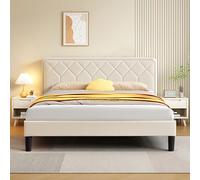 VECELO Letto matrimoniale imbottito 140 x 190 cm, rete piattaforma, supporto a doghe in legno solido, nessuna rete imbottita necessaria, tessuto vellutato, facile da montare, beige