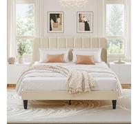 VECELO Letto matrimoniale imbottito 140 x 190 cm, supporto a doghe in legno solido, tessuto vellutato, facile da montare, beige