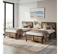 VECELO Set di 2 telai per letto singolo da 90 x 200 cm, con testiera in legno spesso e rete a doghe in metallo, spazio sotto il letto, stabile telaio per letto per camera da letto, marrone vintage
