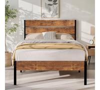 VECELO Struttura letto 90 x 200 cm, letto in metallo con testa in legno spessa e rete a doghe, letto matrimoniale con spazio sotto il letto, perfetto per camera da letto, colore marrone