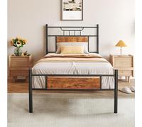 VECELO Struttura letto 90 x 200 cm, letto in metallo con testa in legno spessa e rete a doghe, letto matrimoniale con spazio sotto il letto, perfetto per camera da letto, colore marrone
