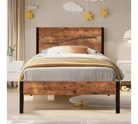 VECELO Telaio letto 90 x 200 cm, letto in metallo con testa in legno spessa e rete a doghe, moderno letto per gli ospiti con spazio sotto il letto, perfetto per camera da letto, colore marrone