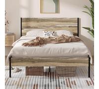 VECELO Telaio per letto 140 x 190 cm, rete con testiera in legno rustico, vintage, supporto a doghe in metallo solido, sotto il letto, montaggio semplice, grigio ardesia chiaro