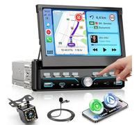 VECHETEL Autoradio 1 DIN con CarPlay Android Auto,schermo estendibile manualmente da 7" con tasti a pianoforte,radio FM con Bluetooth,GPS/Navi,2 USB/Type-C,telecamera posteriore e comandi al volante