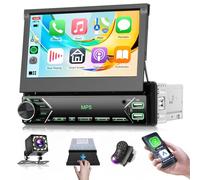 VECHTEL 7"Autoradio 1 DIN con touchscreen retrattile manuale Wireless Carplay Android Auto,radio FM con Bluetooth,EQ,Mirror Link,2 USB/Type-C,autoradio con telecamera posteriore/comandi al volante