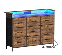 VEDECASA Cassettiera per camera da letto con luce a LED, 9 cassetti, comò con stazione di ricarica per soggiorno, ingresso, armadio, struttura in acciaio robusta, top in legno, maniglia facile da