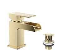 VeeBath Kinetic - Miscelatore quadrato per lavabo a cascata, finitura moderna in ottone spazzolato, comando a leva singola, ingresso BSP G1/2" con scarico pop-up, rubinetti da bagno a ponte