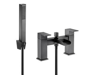 VeeBath Kinetic Square Waterfall Bath Shower Mixer - Finitura nera opaca, controllo a doppia leva, ingresso BSP G1/2", soffione quadrato e doccia portatile, coppia di rubinetti da bagno montati sul
