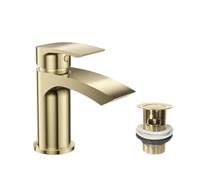 VeeBath Rubinetto miscelatore monocomando per lavabo, design con bordi arrotondati, finitura in ottone spazzolato, ingresso G1/2" con piletta pop-up, leva singola, montaggio su piano, rubinetto