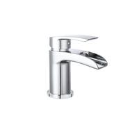 VeeBath Stream - Rubinetto miscelatore monocomando rotondo a cascata, finitura cromata, monocomando, rubinetto moderno per lavabo con scarico, rubinetto da bagno, design contemporaneo per lavabi da