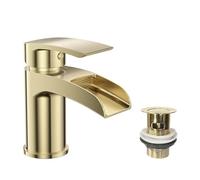 VeeBath Stream - Rubinetto miscelatore monocomando rotondo a cascata, finitura in ottone spazzolato, monocomando, rubinetto moderno per lavabo con scarico, rubinetto da bagno, design contemporaneo per