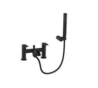 VeeBath Stream - Rubinetto miscelatore rotondo a cascata per vasca da bagno, con finitura nera opaca, doppia leva, rubinetto da bagno montato sul ponte, include soffione rotondo e kit, rubinetto