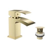 VeeBath Tidal - Miscelatore monocomando per lavabo con scarico, finitura in ottone spazzolato, leva singola con bordo squadrato, moderno rubinetto da bagno a ponte, miscelatore moderno per lavabo