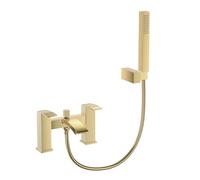 VeeBath Tidal - Rubinetto miscelatore quadrato per vasca da bagno con kit - Finitura in ottone spazzolato, doppia leva, rubinetto moderno con soffione quadrato, montaggio su piano, design