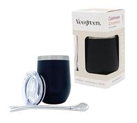 Veegreen Set Yerba Mate in Acciaio Inossidabile | Tazza Per Bere Yerba Mate Argentino | Include una Bombilla e un coperchio richiudibile | Set Autentico (Legna) (Nero)