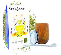 Veegreen Yerba Maté Bio Kit con Calebasse | Tazza termica + Bombilla + Coperchio + 100 g di Maté Bio | Borraccia ideale per bere il maté caldo, doppia parete in acciaio inossidabile (legno)