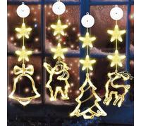 VEEKAY 4 Pezzi Lampada a Ventosa Per Natale,Luci per finestra ,8 stelle LED + 4 elementi natalizi LED,Bianco CaldoLuci ,Timer,Batteria, per la decorazione di Natale