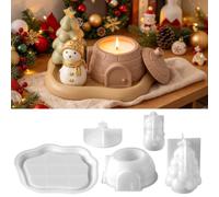 VEEKAY 5 Pezzi Stampi in Silicone 3D per Natale,Stampo per Gesso | Stampo Per Candele E Gesso,Casina Di Neve,Coperchio,Pupazzo Di Neve,Albero Di Natale,Base,Portacandele O Barattolo