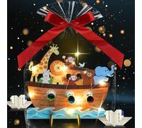VEEKAY Regalo in Denaro Barca di Legno con LED, Arca di Noè Regalo Battesimo, Battesimo Arca di Noè in Legno, con Base, Nastro Rosso, per Ragazze e Ragazzi