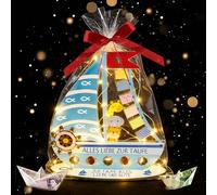 VEEKAY Regalo in Denaro per Battesimo,Regalo in Denaro Barca di Legno con LED,Arca di Noè Regalo Battesimo,Battesimo Arca di Noè in Legno,con Base,Nastro Rosso,per Ragazze e Ragazzi