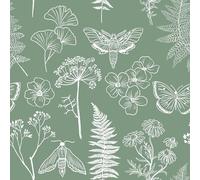 VEELIKE Carta da Parati Floreale Verde Salvia Boho Carta Adesiva Fiori Farfalla Felce Botanica 44,5 cm x 300 cm Carta da Parati Foglie Bianche Carta Adesiva per Mobili Fantasia Camera da Letto Bagno
