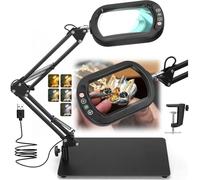 Veemagni 10X Rettangolare Lente di Ingrandimento con Luce e Supporto, 5 Modalità Colore Dimmerabili in Modo Continuo, Lampada da Scrivania LED 2 in 1 con Morsetto, Mani Libere per la Lettura