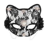 Veemoon Maschera da Gatto Nera in Pizzo con Strass e Nappine, Mezza Faccia per Donna, Accessorio Costume da Mascherata per Feste di Carnevale e Cosplay