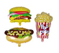 Veemoon Set di 3 Palloncini in Foglio di Alluminio a Forma di Popcorn, Hamburger e Hot Dog, Decorazioni Versatili per Feste e Serate Cinema Gonfiaggio Rapido