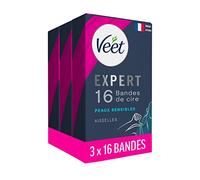 Veet Expert - 48 strisce di cera fredda per ascelle, pelli sensibili, finitura perfetta, depilazione a lunga durata, confezione da 3 x 16 strisce