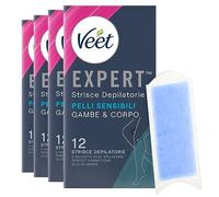 Veet Expert Strisce Depilatorie Gambe & Corpo Pelli Sensibili Formula con Olio di Mandorla Linguetta EasyGrip e Salviette Post-Epilazione Perfect Finish con Olio d'Argan - 4 Confezioni da 12 Strisce