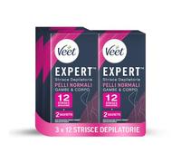 Veet Expert Strisce Depilatorie Gambe e Corpo, Ceretta per Pelli Normali con Burro di Karitè, Dermatologicamente Testate, 36 Strisce (18x2 Strisce) + 6 Salviette Post-Epilazione con Olio D'Argan