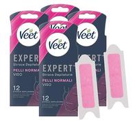 Veet Expert Strisce Depilatorie Viso per Pelli Normali Formula con Burro di Karité con Linguetta EasyGrip e Salviette Post-Epilazione Perfect Finish con Olio d'Argan - 4 Confezioni da 12 Strisce