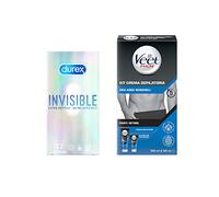 Veet Men e Durex, Kit Depilazione Intima per Lui (Crema Depilatoria + Balsamo Post Epilazione)e Preservativi Invisible da 12 pezzi